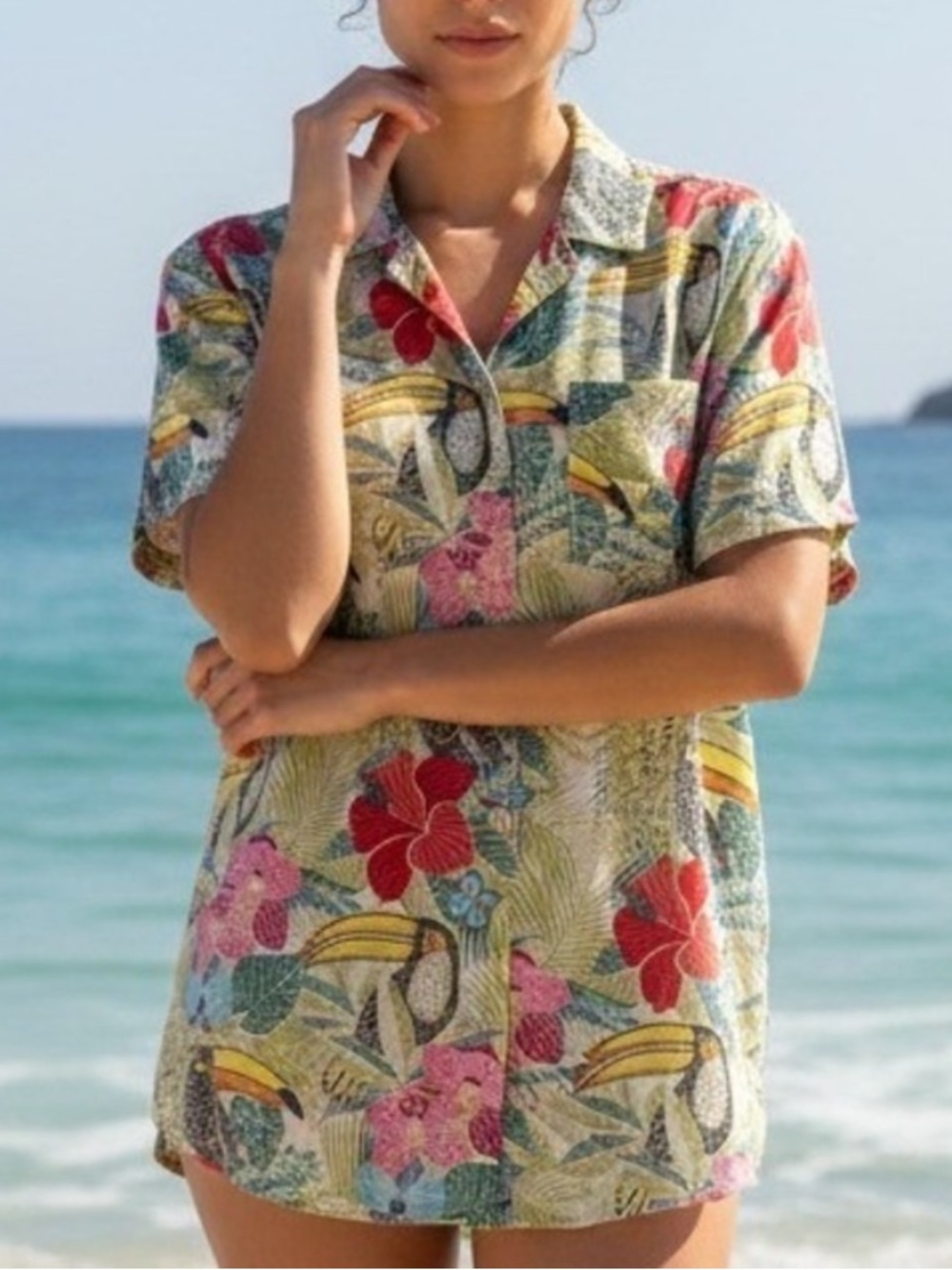 Tommy Bahama Tropical Floral Toucan Leaf Print Short-Sleeve Linen Shirt Small